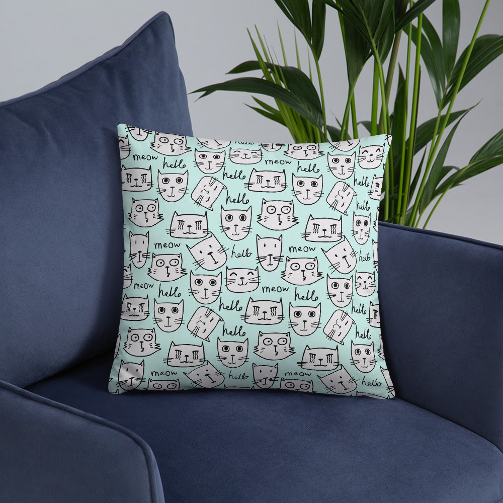 "Hello, Meow" Decor Pillow in Blue