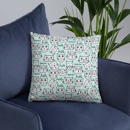 "Hello, Meow" Decor Pillow in Blue