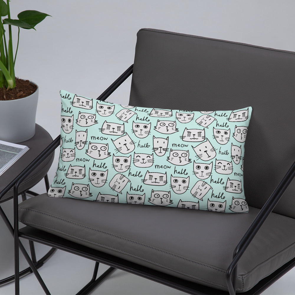 "Hello, Meow" Decor Pillow in Blue