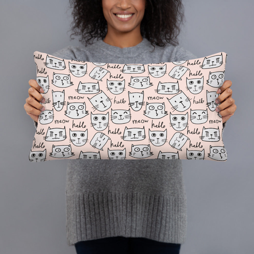 "Hello, Meow" Decor Pillow in Pink