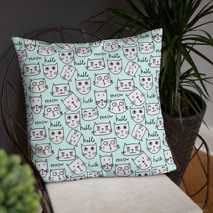 "Hello, Meow" Decor Pillow in Blue