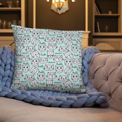 "Hello, Meow" Decor Pillow in Blue