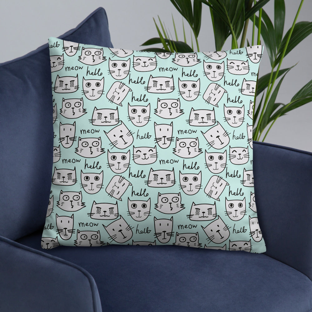 "Hello, Meow" Decor Pillow in Blue